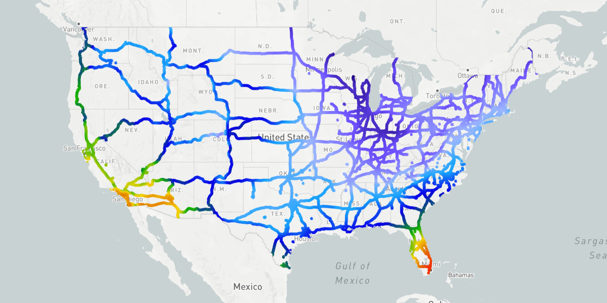 Masking temperatures to show only along major highways in the US using multiple mask layers.