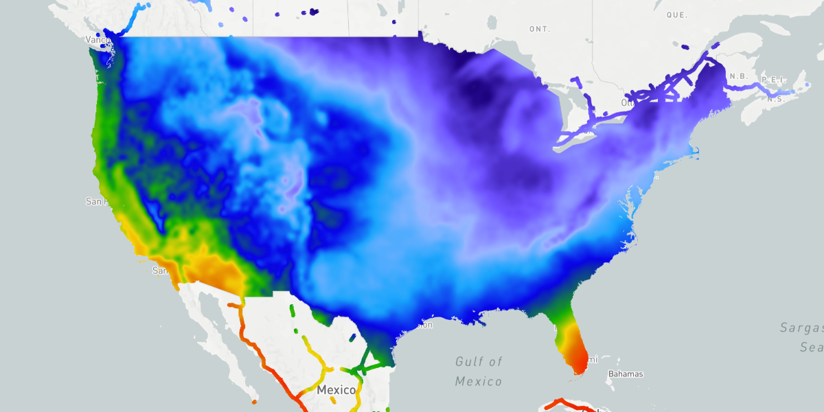 Masking temperatures to show anywhere in the US and any major highways globally using multiple mask layers.