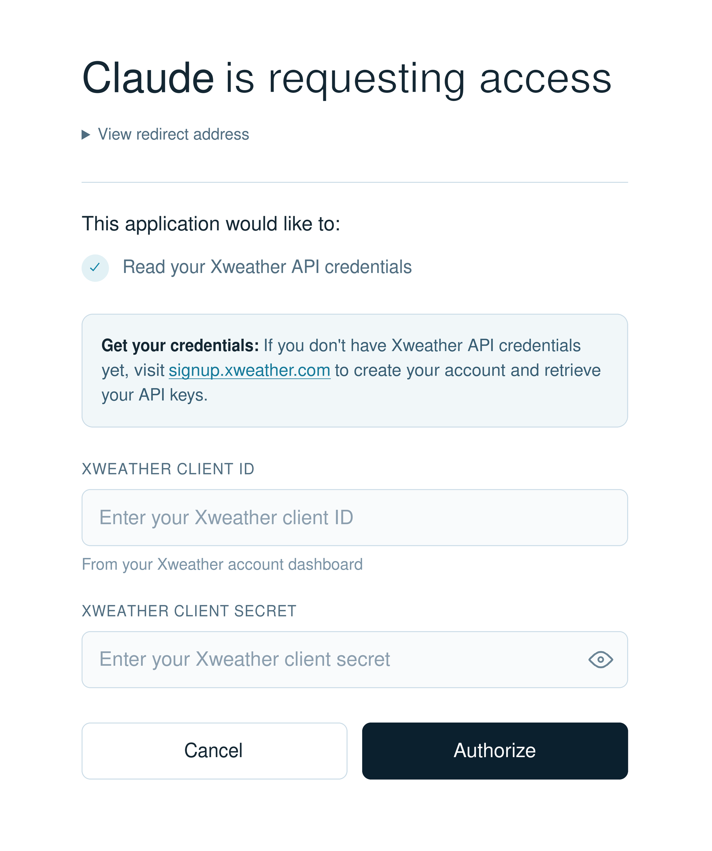 Xweather connector authorization form