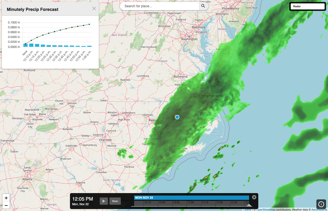 Click on the map to pull up a plot of Minutely Precip in the popup